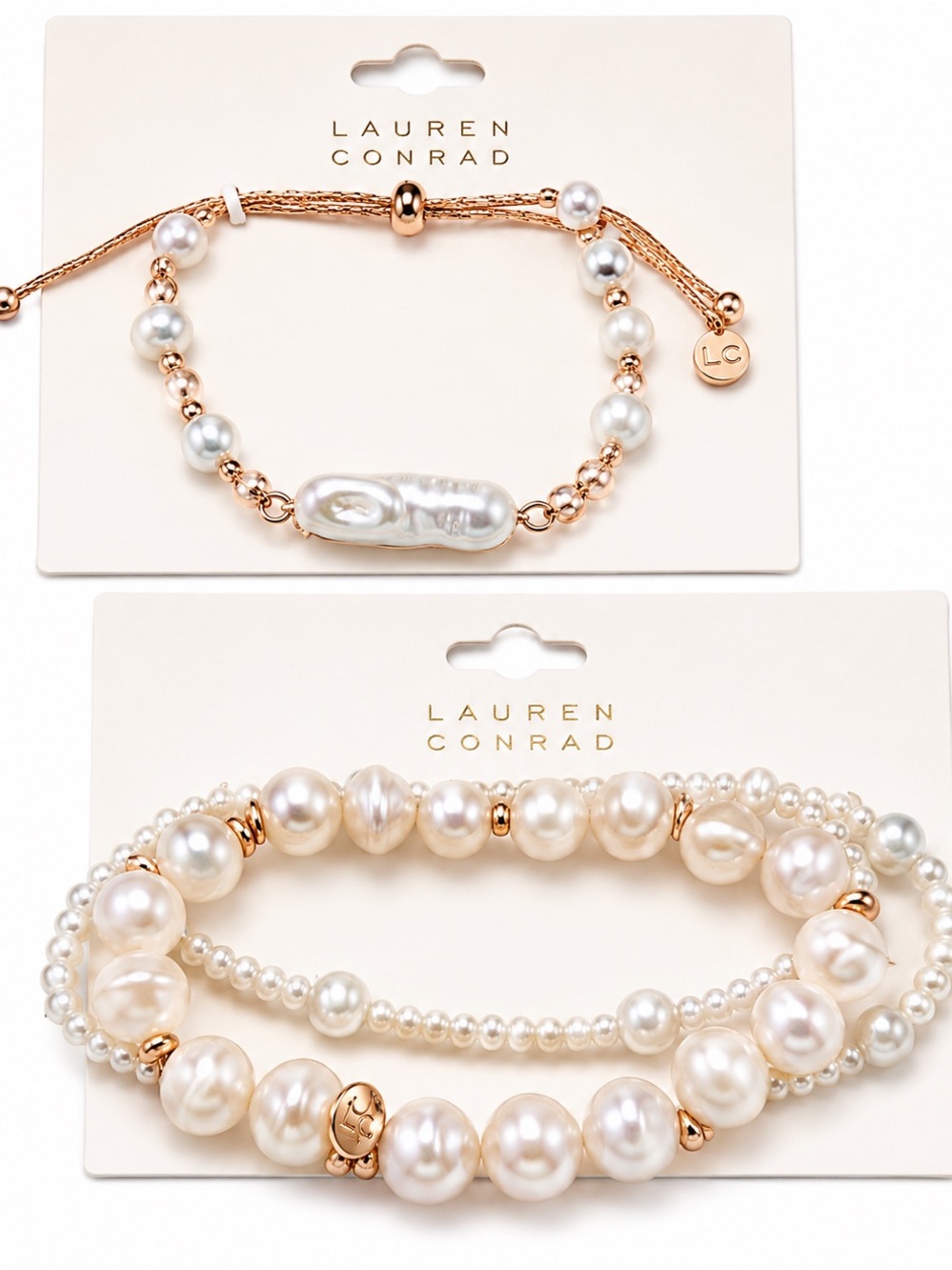 2 piece bundle lot LC Lauren Conrad Pearl Gold Layered Bracelet Set cute gift